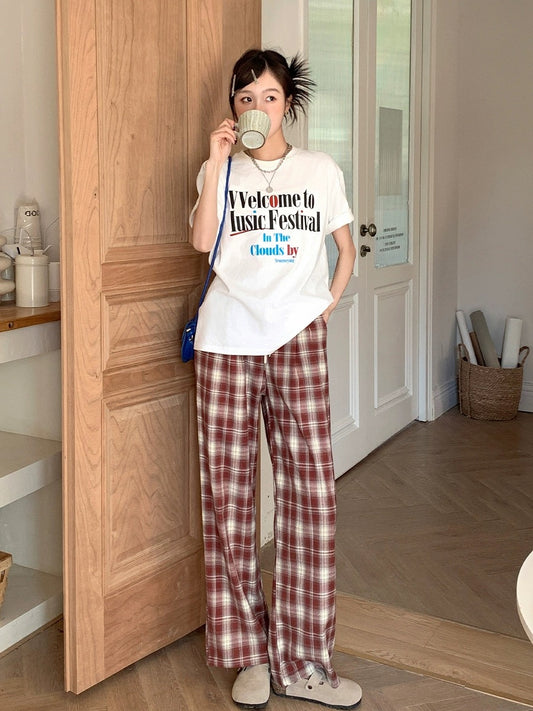 Blin's Retro Red Plaid Pants Casual Pants High Waist Straight Pants Women's Spring and Autumn New Loose Slimming Wide Leg Pants