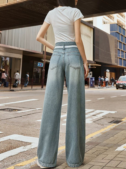 2025 Summer New Waist Ribbon Wide Leg Jeans Women's High Waist Straight Slimming Drape Advanced Floor-Mopping Pants
