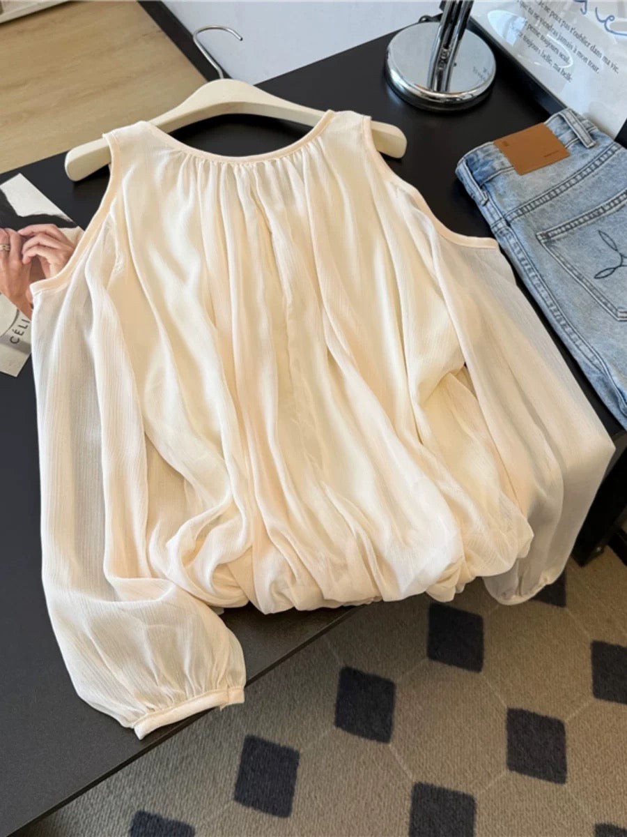 Jade Closet flagship store recommendation: A sweet and stylish off-shoulder chiffon blouse with unique long sleeves by Jade Closet.