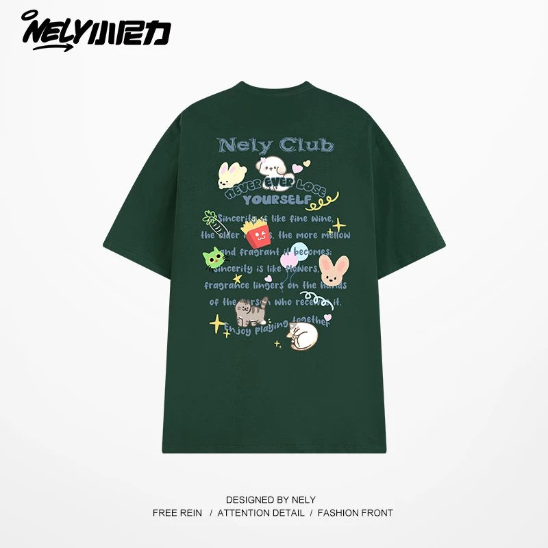 NELY American cartoon letters cat chips pure cotton short-sleeved T-shirt men and women summer loose tops tide