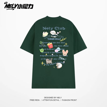 NELY American cartoon letters cat chips pure cotton short-sleeved T-shirt men and women summer loose tops tide