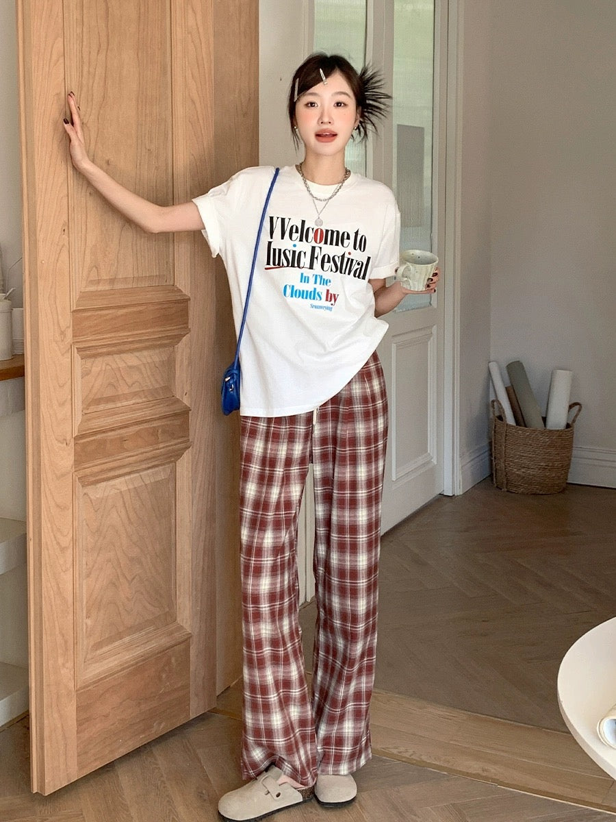 Blin's Retro Red Plaid Pants Casual Pants High Waist Straight Pants Women's Spring and Autumn New Loose Slimming Wide Leg Pants
