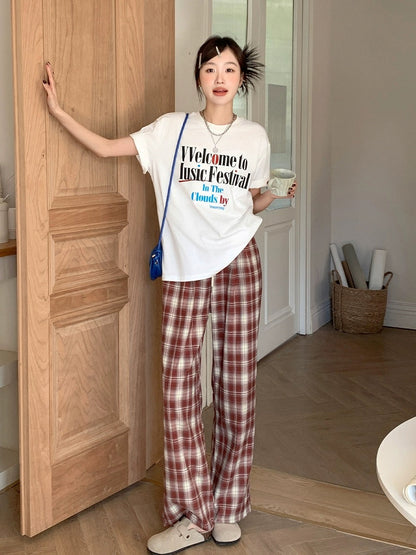 Blin's Retro Red Plaid Pants Casual Pants High Waist Straight Pants Women's Spring and Autumn New Loose Slimming Wide Leg Pants