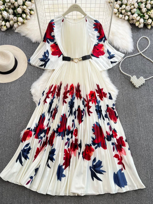 High-end, light and luxurious style, five-quarter sleeves, round neck, waist, A-line positioning printed pleated dress, elegant long skirt with full skirt