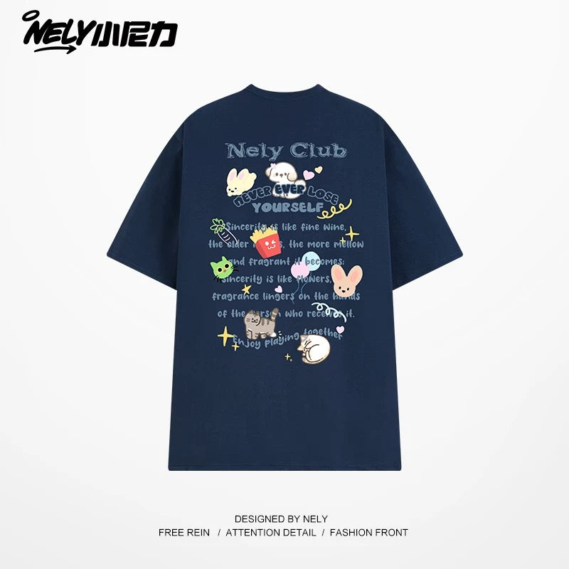 NELY American cartoon letters cat chips pure cotton short-sleeved T-shirt men and women summer loose tops tide
