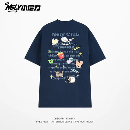 NELY American cartoon letters cat chips pure cotton short-sleeved T-shirt men and women summer loose tops tide