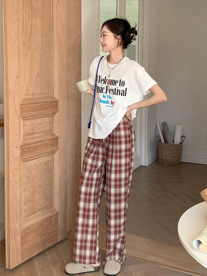 Blin's Retro Red Plaid Pants Casual Pants High Waist Straight Pants Women's Spring and Autumn New Loose Slimming Wide Leg Pants