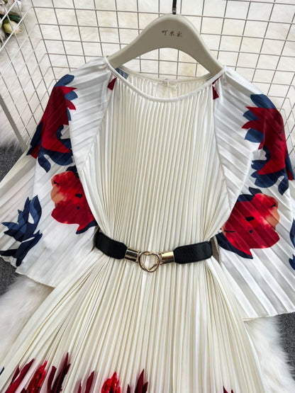 High-end, light and luxurious style, five-quarter sleeves, round neck, waist, A-line positioning printed pleated dress, elegant long skirt with full skirt