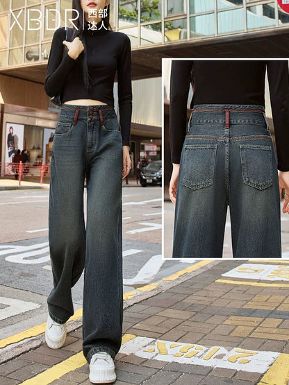 Contrast color high waist straight wide leg jeans for women loose fit slim 2025 early spring new style tummy mopping pants