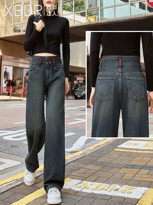 Contrast color high waist straight wide leg jeans for women loose fit slim 2025 early spring new style tummy mopping pants