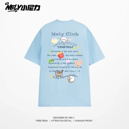 NELY American cartoon letters cat chips pure cotton short-sleeved T-shirt men and women summer loose tops tide