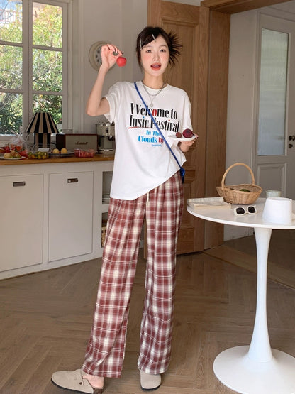 Blin's Retro Red Plaid Pants Casual Pants High Waist Straight Pants Women's Spring and Autumn New Loose Slimming Wide Leg Pants