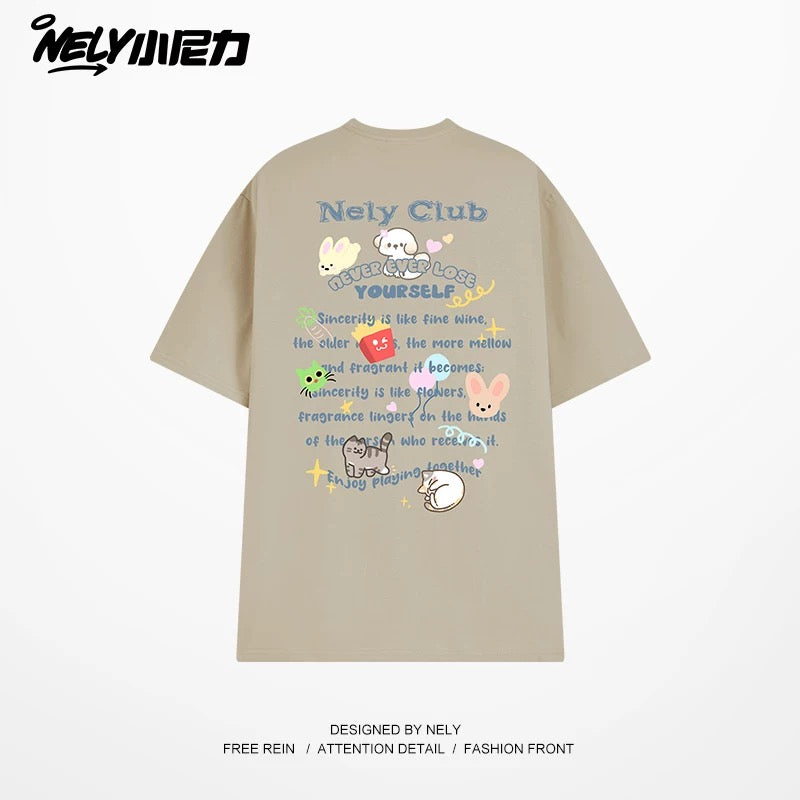 NELY American cartoon letters cat chips pure cotton short-sleeved T-shirt men and women summer loose tops tide