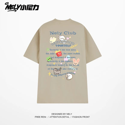NELY American cartoon letters cat chips pure cotton short-sleeved T-shirt men and women summer loose tops tide
