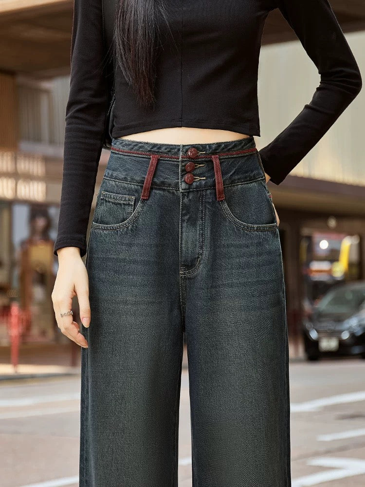Contrast color high waist straight wide leg jeans for women loose fit slim 2025 early spring new style tummy mopping pants