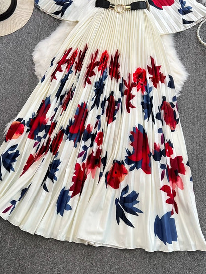High-end, light and luxurious style, five-quarter sleeves, round neck, waist, A-line positioning printed pleated dress, elegant long skirt with full skirt