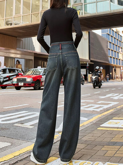 Contrast color high waist straight wide leg jeans for women loose fit slim 2025 early spring new style tummy mopping pants