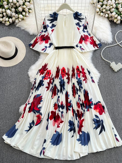 High-end, light and luxurious style, five-quarter sleeves, round neck, waist, A-line positioning printed pleated dress, elegant long skirt with full skirt