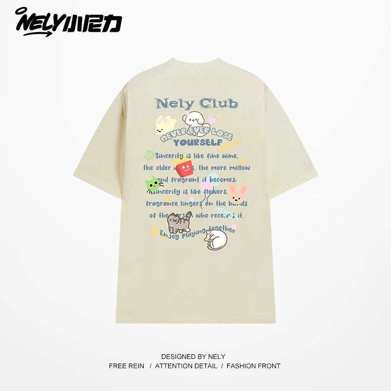 NELY American cartoon letters cat chips pure cotton short-sleeved T-shirt men and women summer loose tops tide