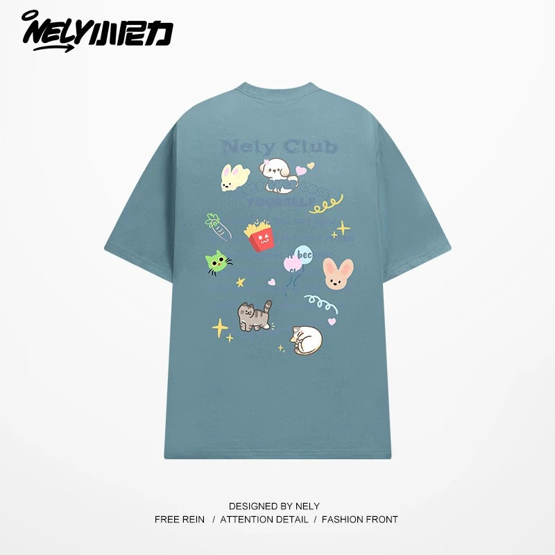 NELY American cartoon letters cat chips pure cotton short-sleeved T-shirt men and women summer loose tops tide
