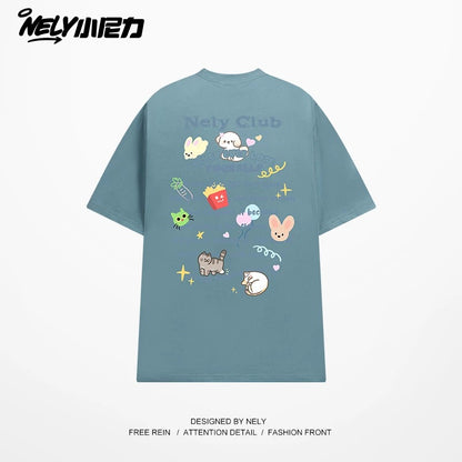NELY American cartoon letters cat chips pure cotton short-sleeved T-shirt men and women summer loose tops tide