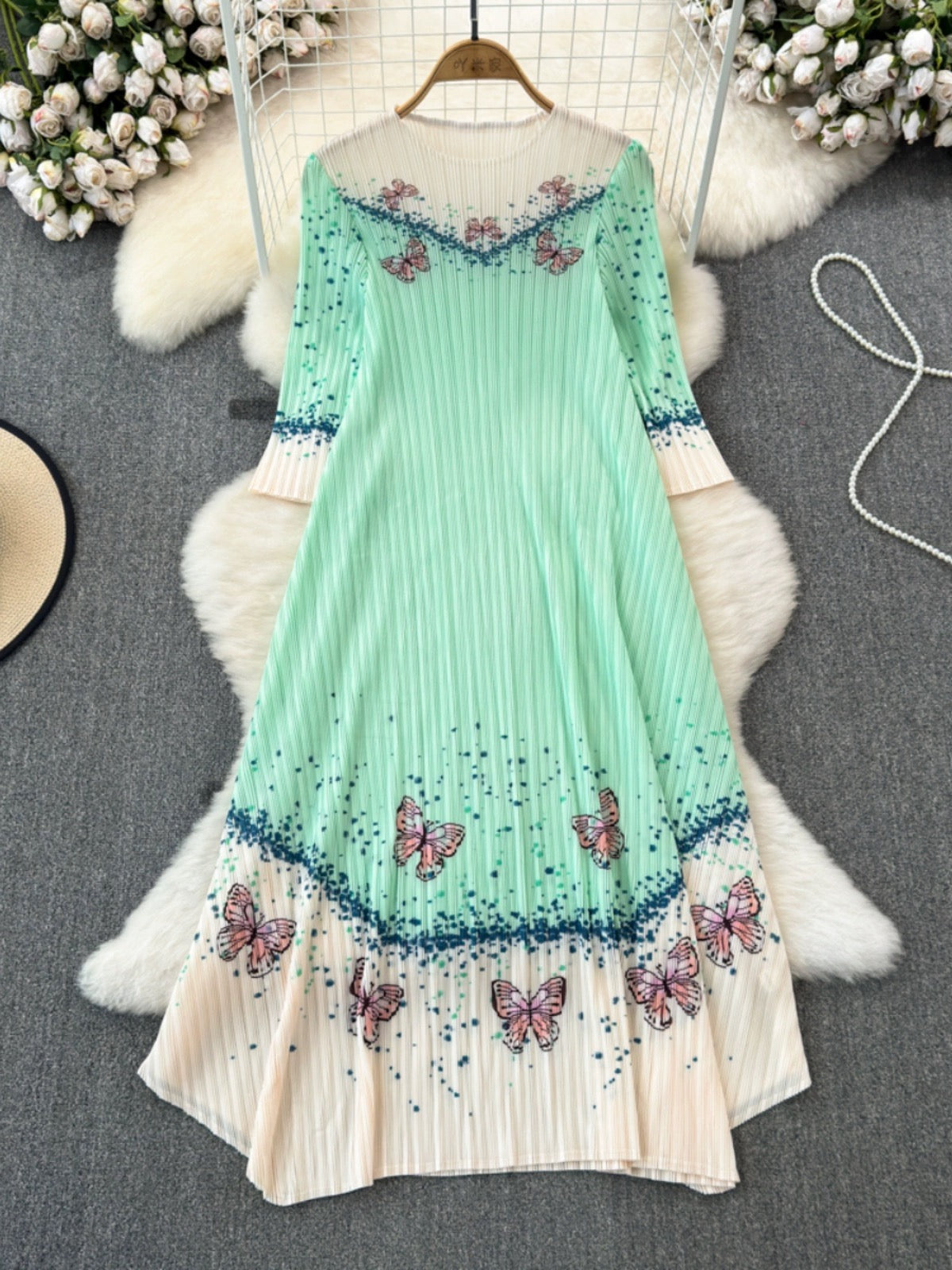 Summer fashion Miyake pleated three-quarter sleeves round neck loose a-line printed irregular dress elegant long skirt