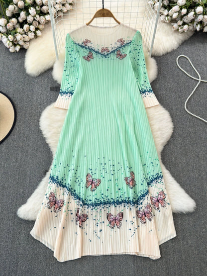 Summer fashion Miyake pleated three-quarter sleeves round neck loose a-line printed irregular dress elegant long skirt