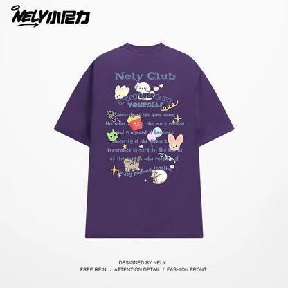 NELY American cartoon letters cat chips pure cotton short-sleeved T-shirt men and women summer loose tops tide