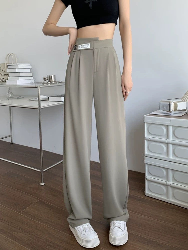 High-end ice silk suit pants for women, summer straight pants, loose slimming casual pants, irregular high-waist narrow wide-leg pants