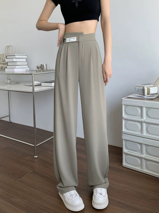 High-end ice silk suit pants for women, summer straight pants, loose slimming casual pants, irregular high-waist narrow wide-leg pants