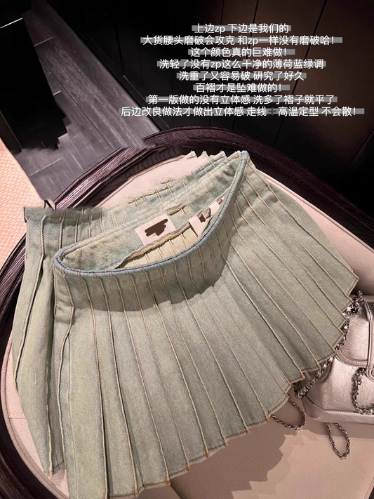 Lee Sung-kyung light blue mint pleated A-line denim mini skirt