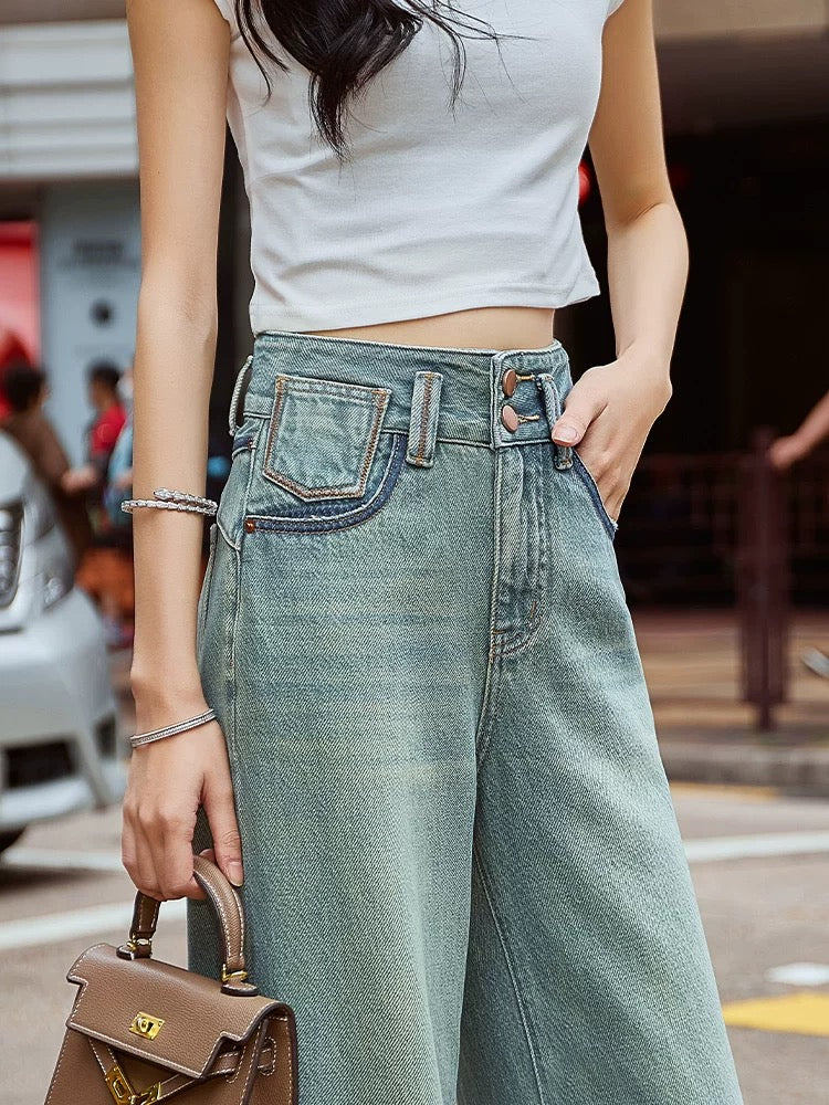 Hong Kong style high waist straight wide leg jeans women's loose 2025 spring new style shadow contrast color stitching wide leg pants