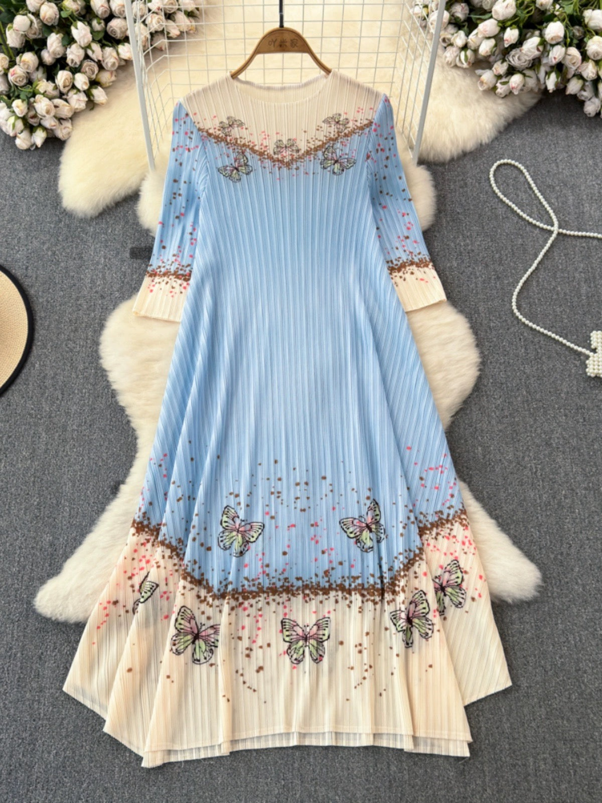 Summer fashion Miyake pleated three-quarter sleeves round neck loose a-line printed irregular dress elegant long skirt