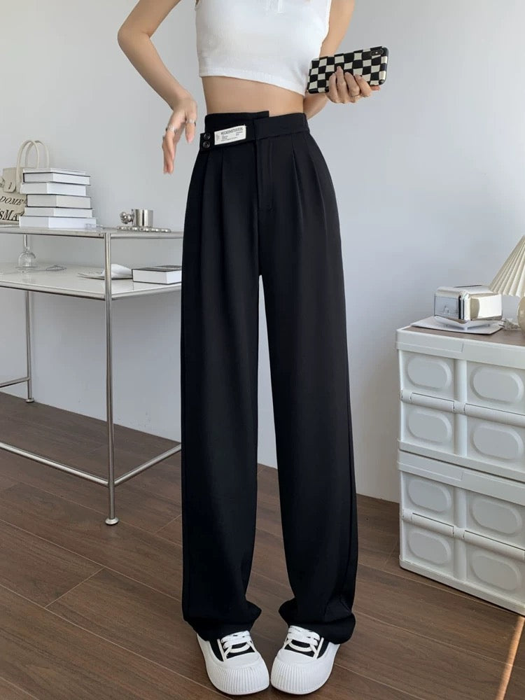 High-end ice silk suit pants for women, summer straight pants, loose slimming casual pants, irregular high-waist narrow wide-leg pants
