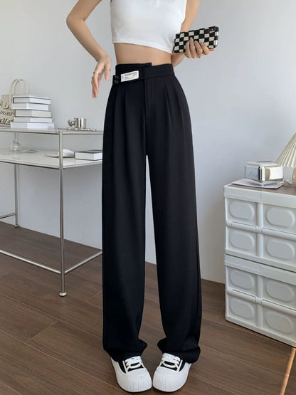 High-end ice silk suit pants for women, summer straight pants, loose slimming casual pants, irregular high-waist narrow wide-leg pants