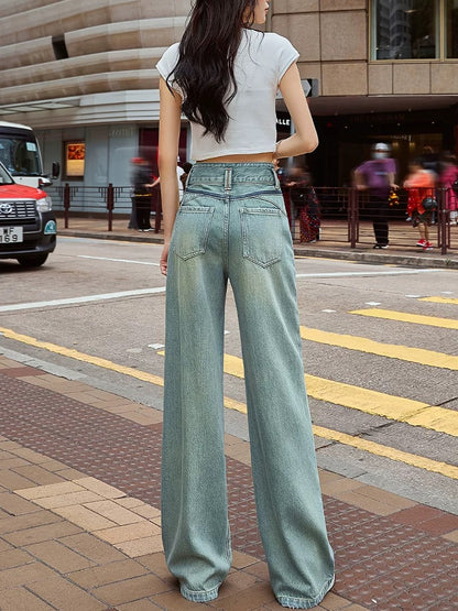 Hong Kong style high waist straight wide leg jeans women's loose 2025 spring new style shadow contrast color stitching wide leg pants