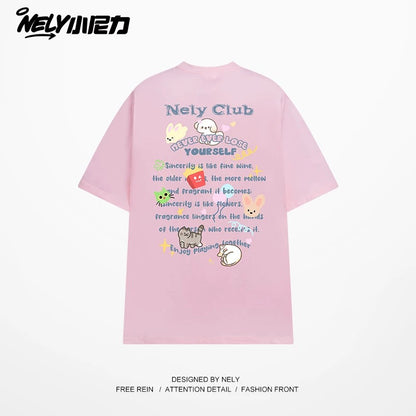 NELY American cartoon letters cat chips pure cotton short-sleeved T-shirt men and women summer loose tops tide