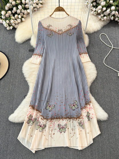 Summer fashion Miyake pleated three-quarter sleeves round neck loose a-line printed irregular dress elegant long skirt