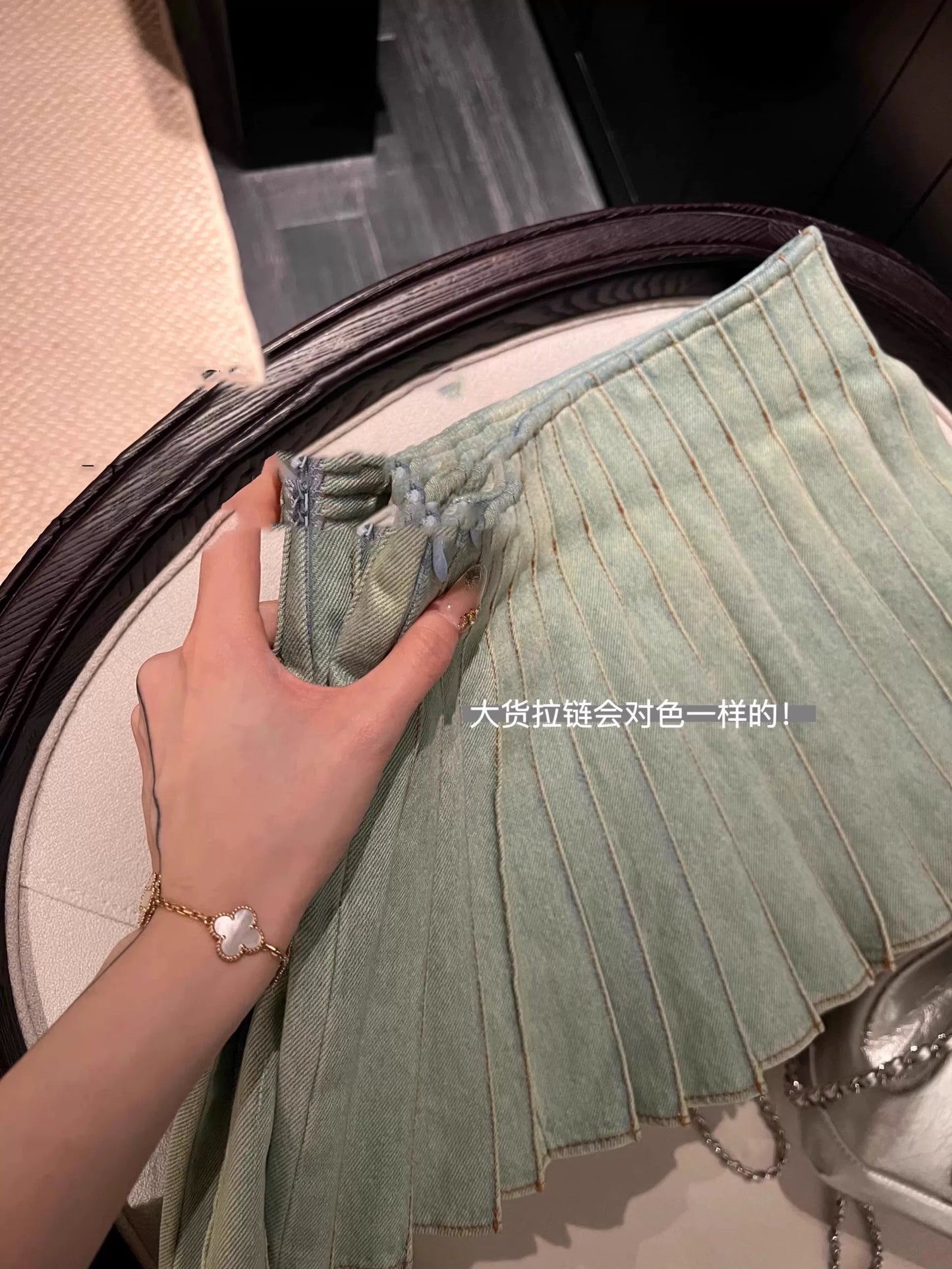 Lee Sung-kyung light blue mint pleated A-line denim mini skirt