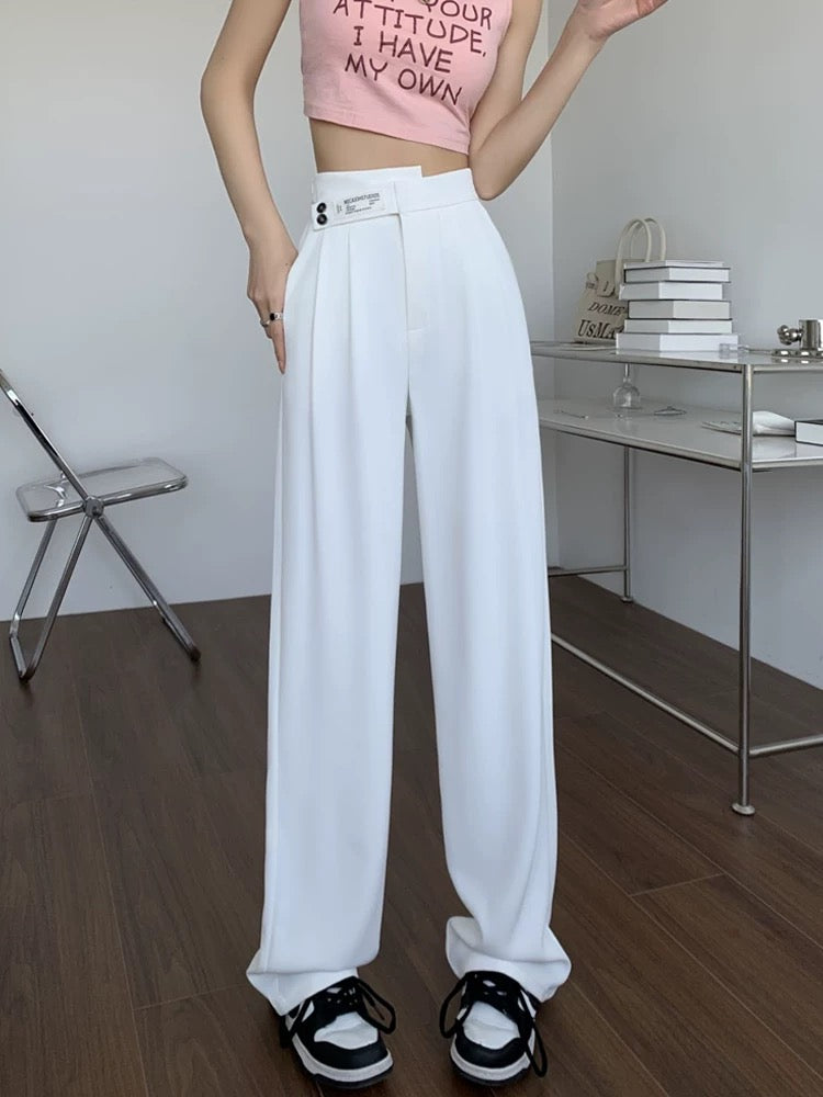 High-end ice silk suit pants for women, summer straight pants, loose slimming casual pants, irregular high-waist narrow wide-leg pants