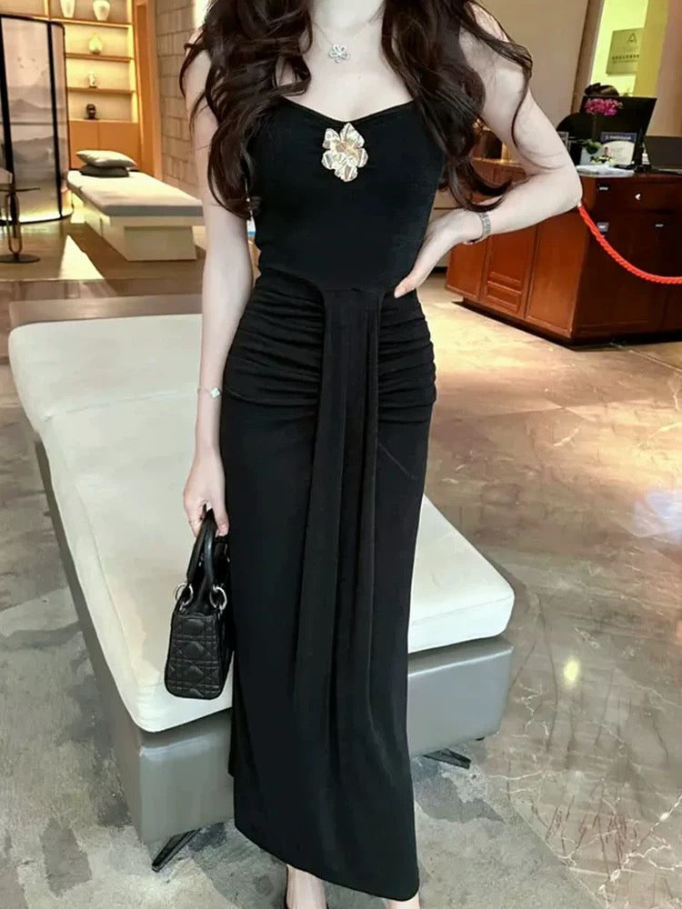 French high-end flower suspender dress for women 2025 summer new slim fit temperament slit hip skirt