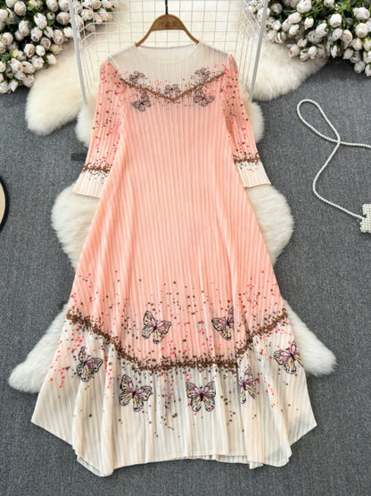 Summer fashion Miyake pleated three-quarter sleeves round neck loose a-line printed irregular dress elegant long skirt