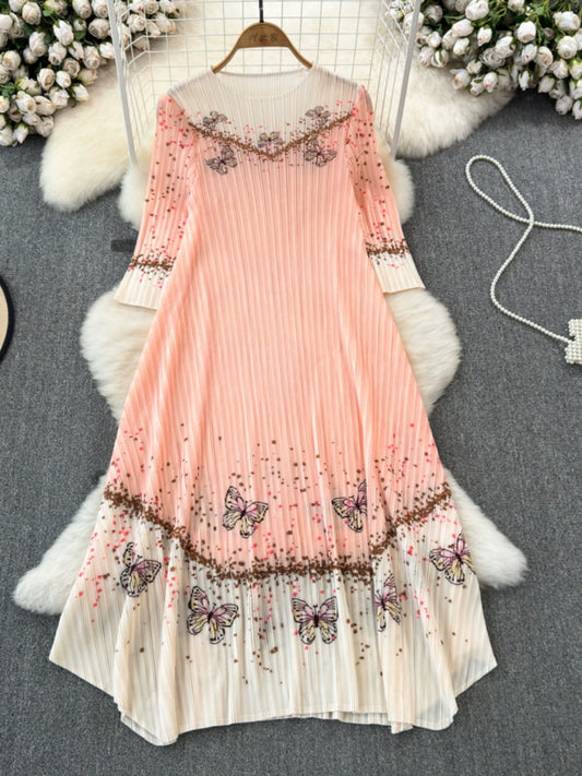 Summer fashion Miyake pleated three-quarter sleeves round neck loose a-line printed irregular dress elegant long skirt