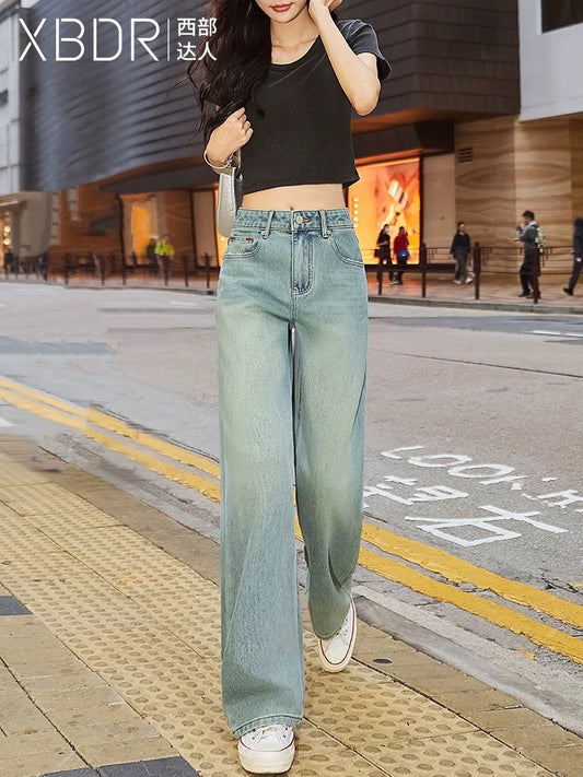 Hong Kong style high waist straight wide leg jeans women's loose drape 2025 spring new versatile mopping pants trousers