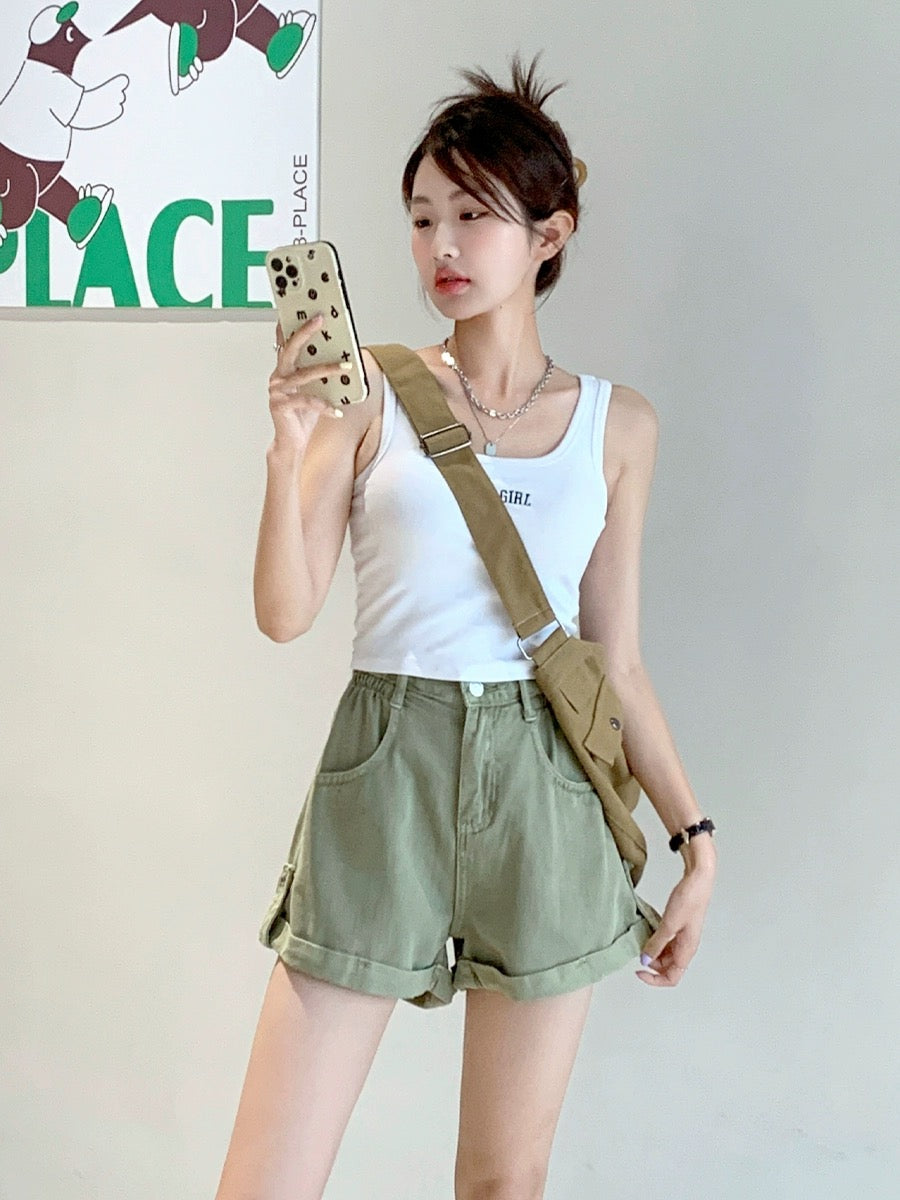 Blin's green denim shorts for women 2024 summer new style high-waisted loose slimming curled a-line flesh-covering wide-leg pants