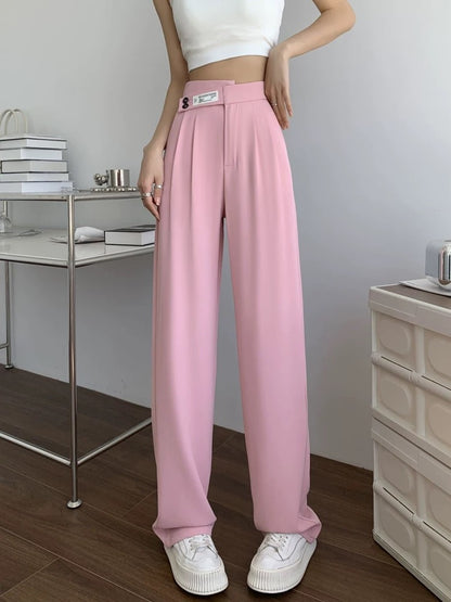 High-end ice silk suit pants for women, summer straight pants, loose slimming casual pants, irregular high-waist narrow wide-leg pants