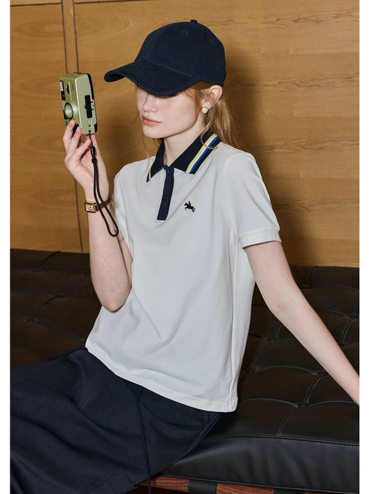 Kuhnmavie Chic Color Block Short-Sleeve T-Shirt Women's 2026 Summer New Embroidered Commuter Versatile Polo Shirt