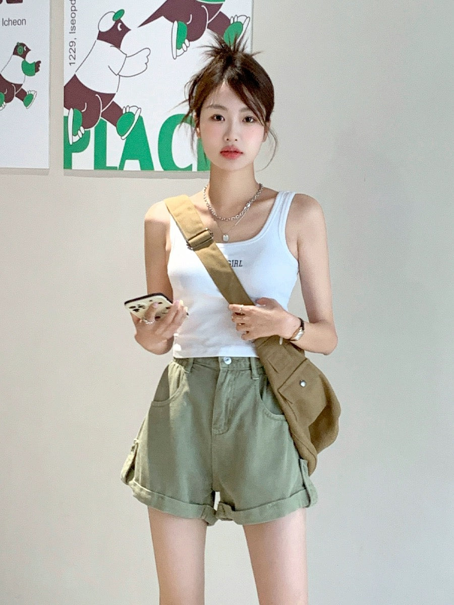 Blin's green denim shorts for women 2024 summer new style high-waisted loose slimming curled a-line flesh-covering wide-leg pants