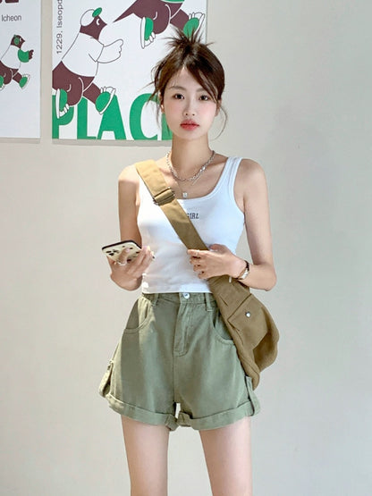 Blin's green denim shorts for women 2024 summer new style high-waisted loose slimming curled a-line flesh-covering wide-leg pants