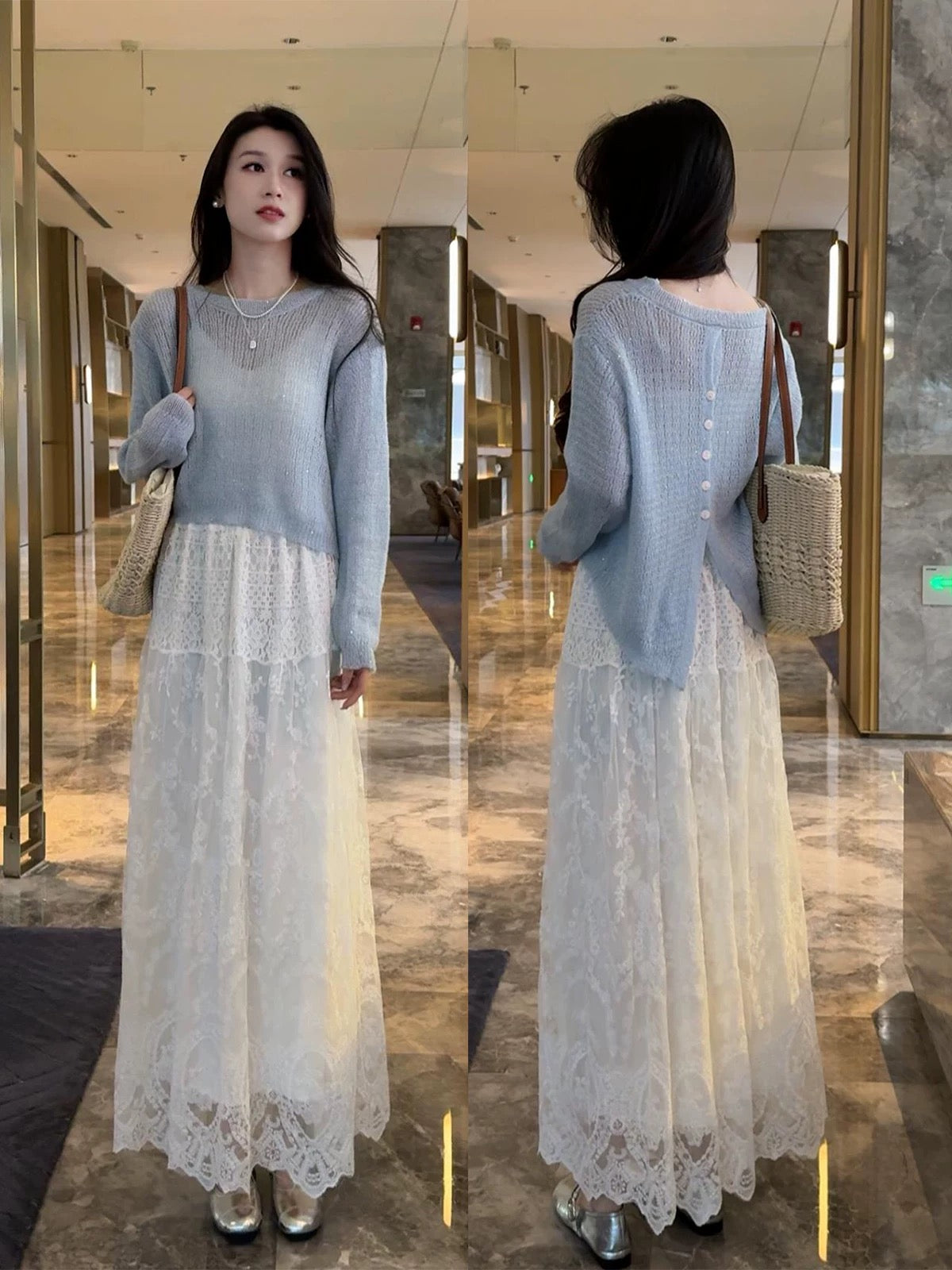 Back button design shiny silk long-sleeved blouse top lace skirt two-piece suit women's early spring new suit